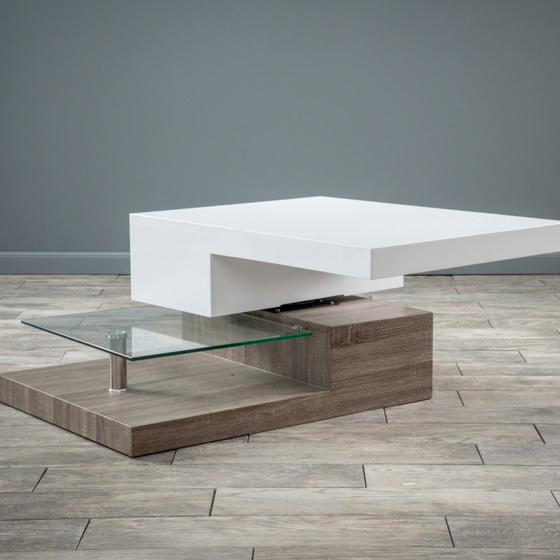Table basse rotative contemporaine avec tablettes en verre trempé - étagères blanches élégantes