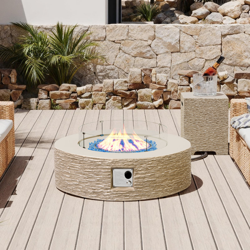 42-Inch Round Concrete Propane Fire Pit Table with Tank Cover and Wind Guard,Beige, Beige