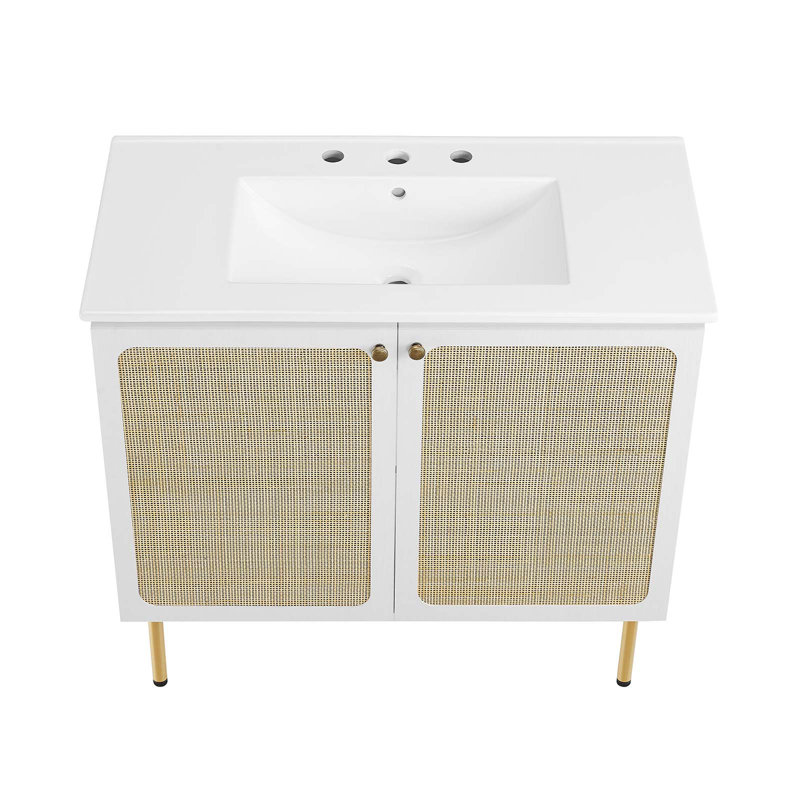 Meuble-lavabo simple 36 po avec plateau en bois Modway, Blanc / doré, Blanc