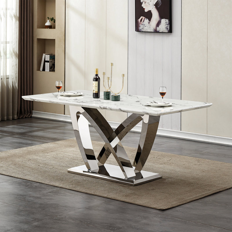 Table de salle à manger pour 6 personnes, table de salle à manger rectangulaire 70 po avec base en acier inoxydable à finition miroir
