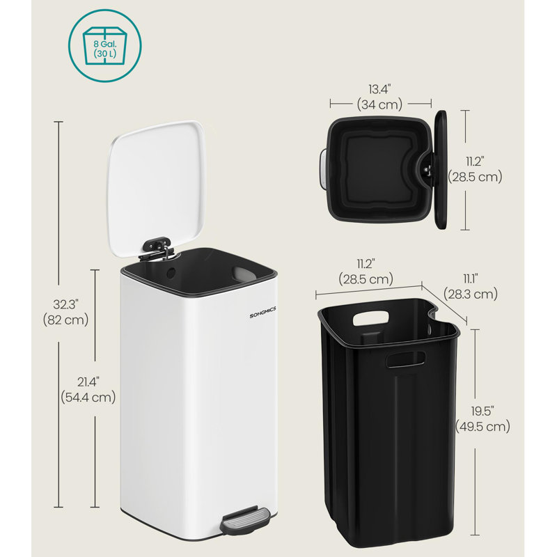 Stainless Steel Step on Trash Can with Non-slip Pads, White, 8 Gal