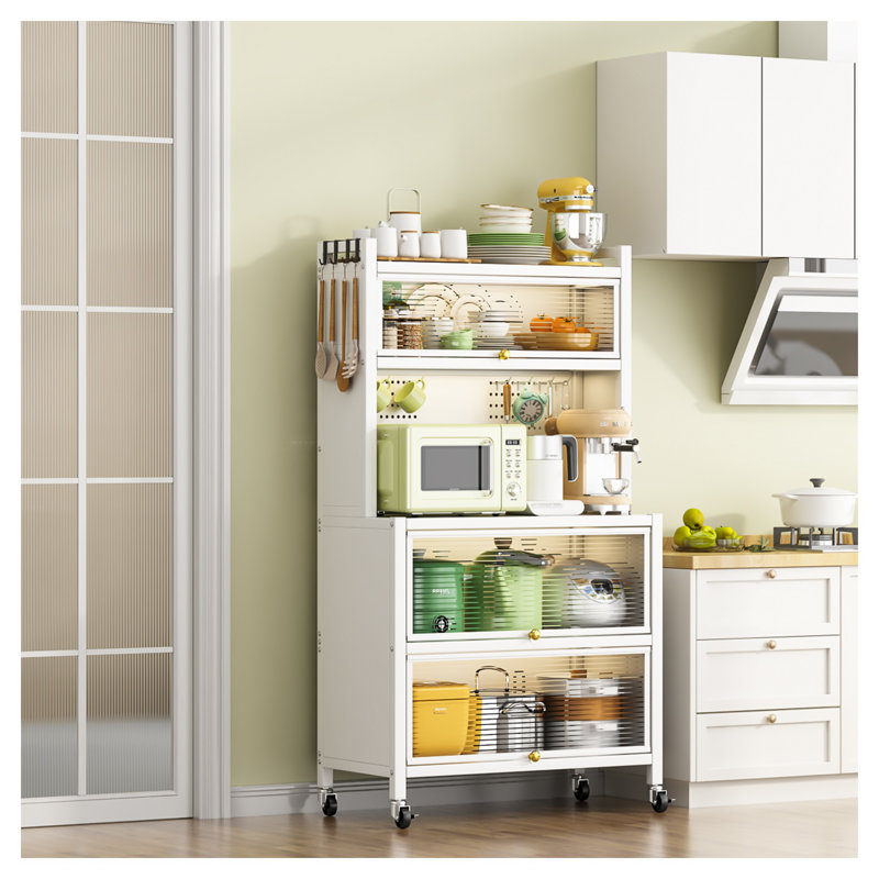 Étagère de boulanger de cuisine de 65 po de hauteur avec armoire à porte rabattable - 5 niveaux multifonctionnel, support pour micro-ondes, station de bar et armoire de rangement pour garde-manger, blanc