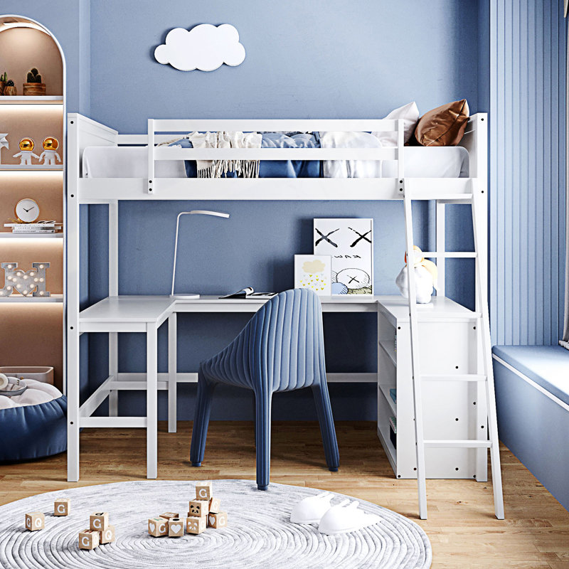 Lit mezzanine double avec tablettes et bureau, lit mezzanine avec bureau, Blanc