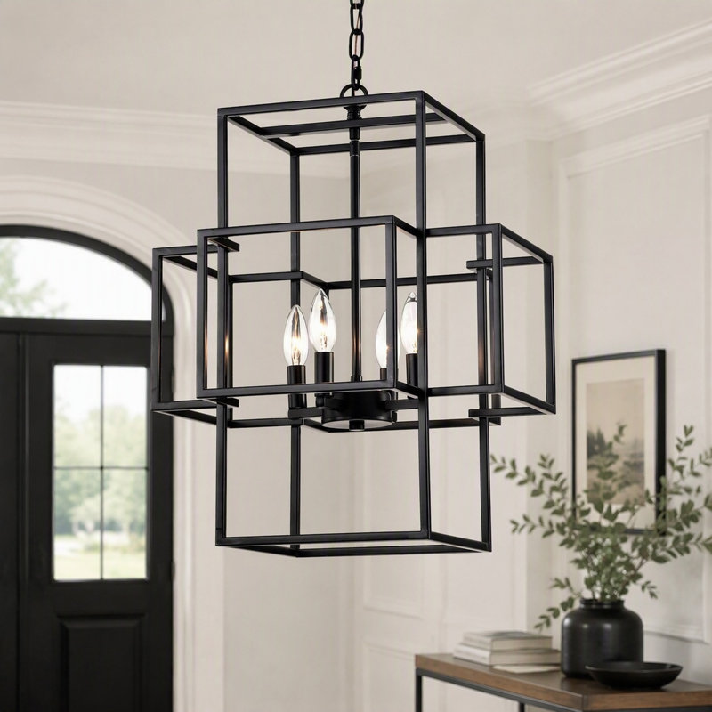 Luminaire suspendu de style campagnard moderne à 4 lumières avec lanterne noire pour hall d'entrée