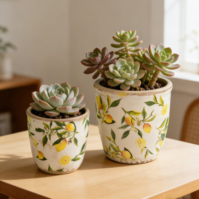 S / 2 jardinières en céramique assorties avec motif jaune citron