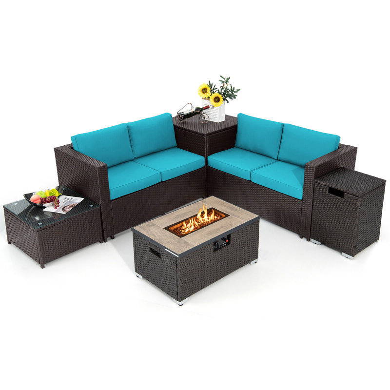 Ensemble de canapé modulaire en rotin pour l'extérieur avec table de rangement 6 pièces Latitude Run®, Sarcelle