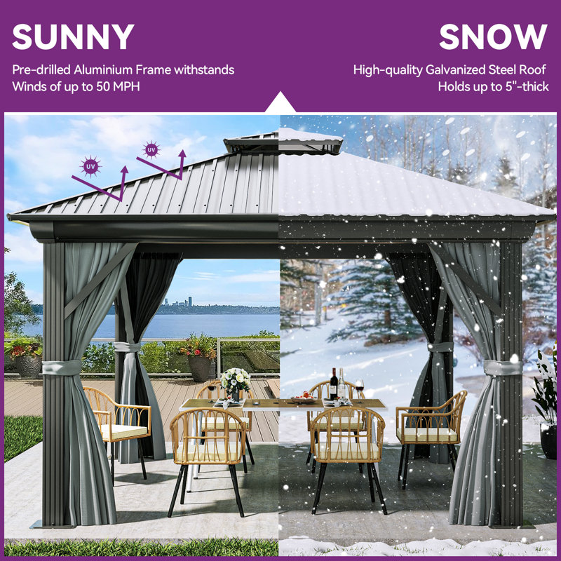 Outdoor Aluminum Hardtop Patio Gazebo with Curtain and Netting, 12 ft x 12 ft