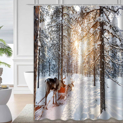 Reindeers Winter Forest Animal Deer Fur Horn Shower Curtain with 12 Hooks