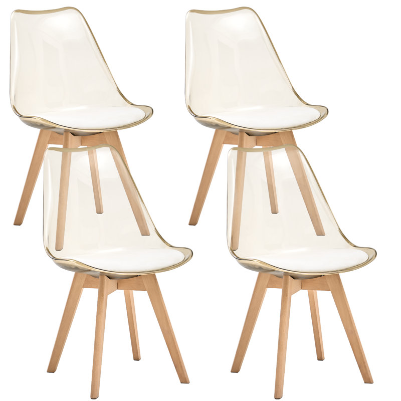 Ensemble de 4 chaises de salle à manger en acrylique, chaises de cuisine transparentes avec assise rembourrée, pieds en bois massif, brun clair, idéales pour le salon ou le bureau.