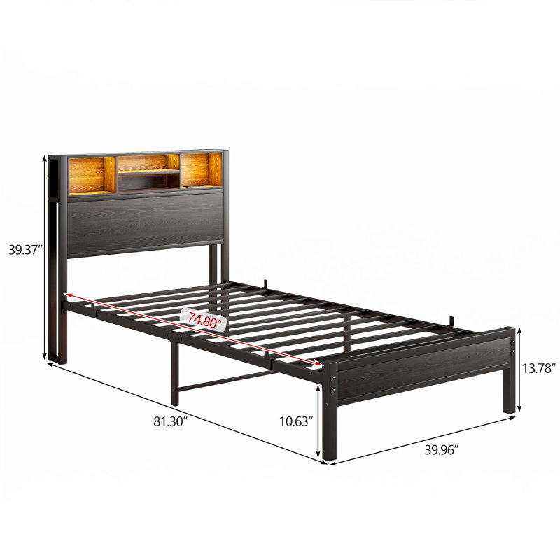 Twin Size Bed Frame With Storage Headboard, Metal Platform Bed With Charging Station, Bookcase Storage, No Box Spring Needed, Easy Assembly