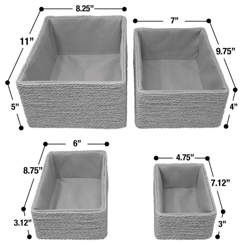 Sorbus Stackable Storage Woven Paper Rope Baskets 4-Piece Set, Gray