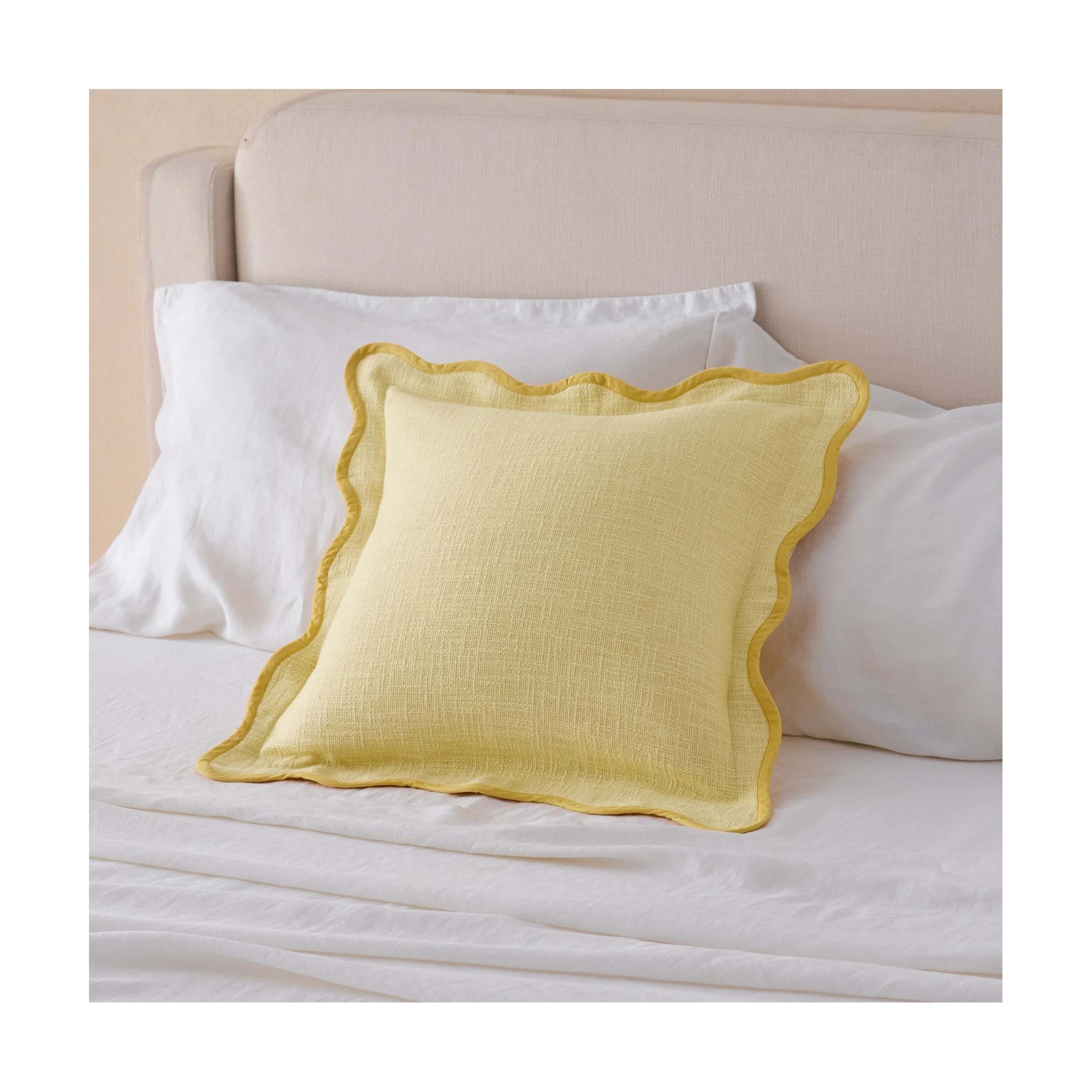 Double Stitch Cotton Decorative Scalloped Throw Pillow Coveron, Lemon Yellow