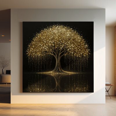 Très grand art mural imprimé sur toile - Arbre de vie doré brillant avec base réfléchissante sur fond noir foncé pour le salon ou la chambre à coucher - «Assemblage requis du cadre (cadre non fini)»