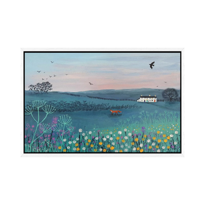 Across Dusky Meadow by Jo Grundy - Painting on Canvas, 45.72cm H x 66.04cm W x 3.81cm D, White Framed
