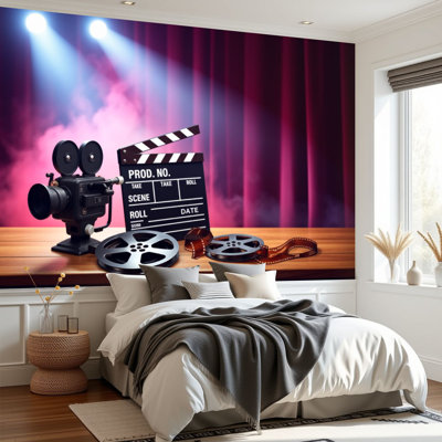 Vintage Peel and Stick Wallpaper Film movie Clapperboard Film Reels Theatre Wall Murals 69"H x 96"W Removable PVC Wall Paper Self-Adhesive Wall Decor for Bedroom Living Room Man Cave Room