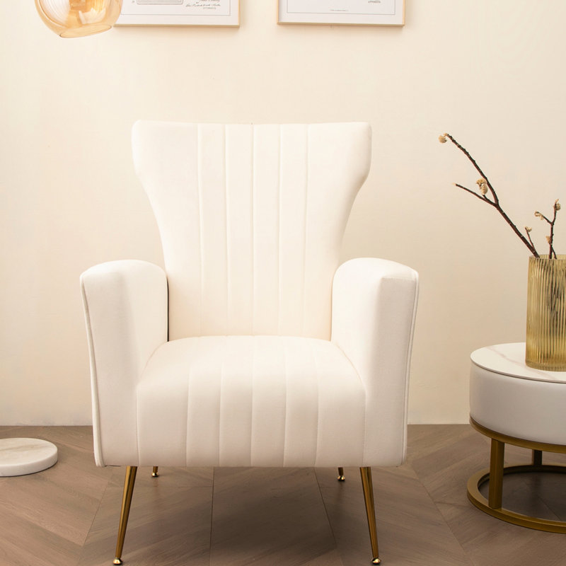 Fauteuil à oreilles en velours avec pieds dorés, espace de détente rembourré, pour chambre à coucher, blanc - salon simple et chambre à coucher
