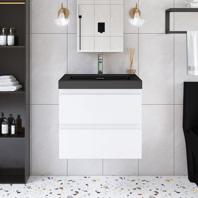 Meuble-lavabo simple mural 24 po avec plateau en résine noir intégré
