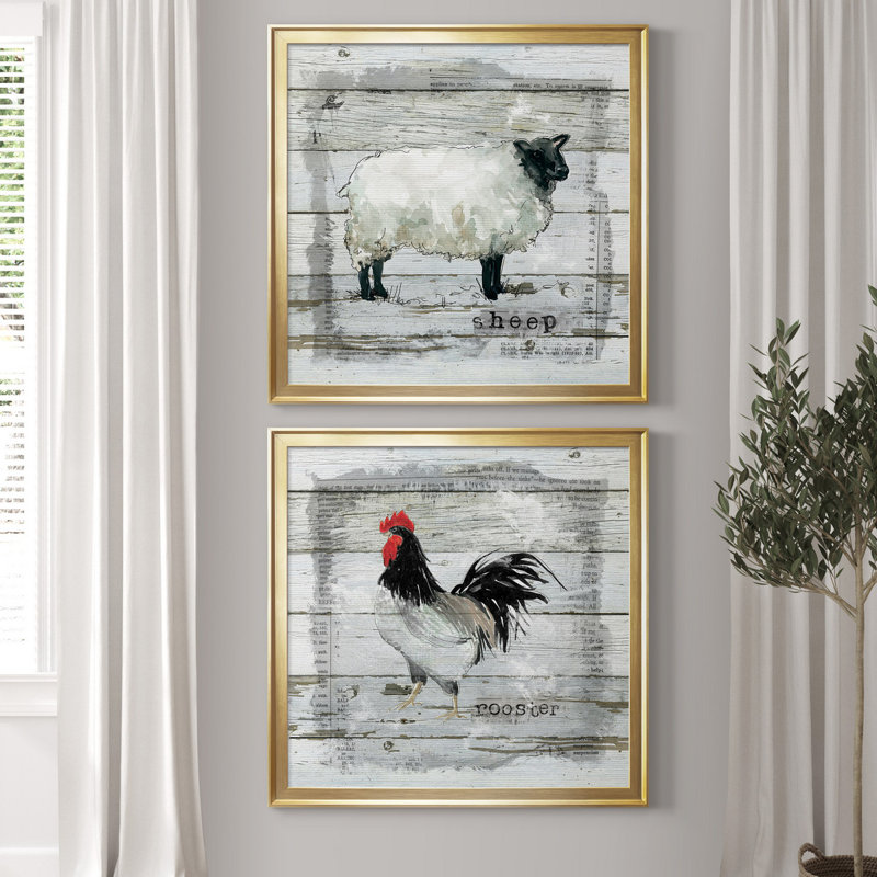 «Farmhouse Collage Sheep», ensemble de 2 reproductions d'impressions, H 17,5 po x l 35 po x P 1,5 po, Toile encadrée dorée