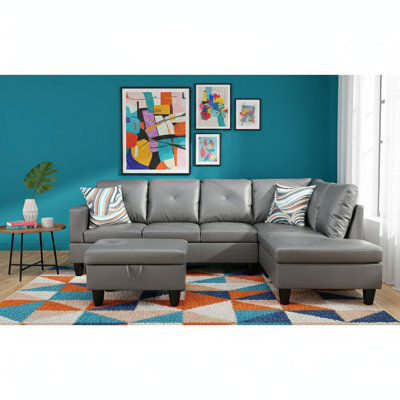Ensemble de canapé modulaire en cuir 3 pièces avec méridienne et repose-pieds avec rangement Monaco