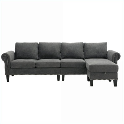 Sectional Sofas | Modern L-Shaped 4-Seater Convertible with Storage for Living Room, Slate Gray|Gray|Wood