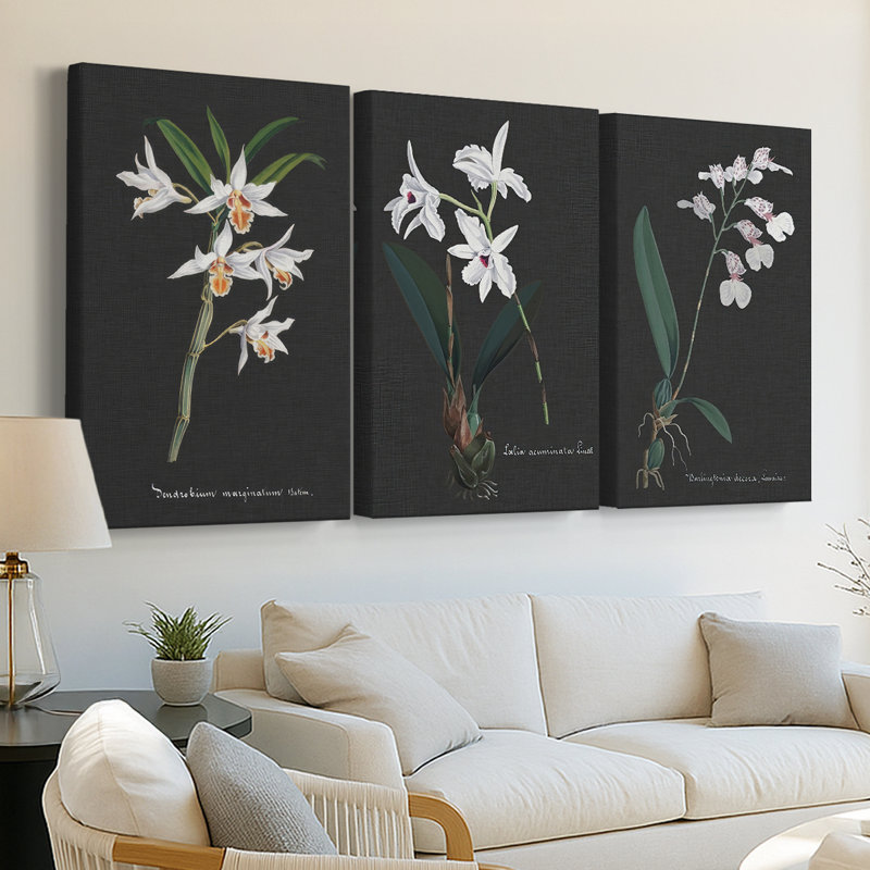 Orchidée sur ardoise IV - Toile tendue sur mesure avec châssis - 3 pièces, H 12 po x l 24 po
