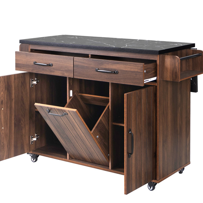 Îlot de cuisine avec compartiment de rangement, poubelle basculante, abattant, tablette réglable, porte-épices, armoire en noyer à 9 étagères -