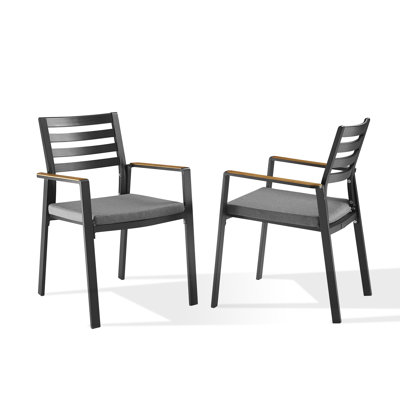Patio Stackable Aluminum Dining Chairs With Teak Arm And Olefin Cushions