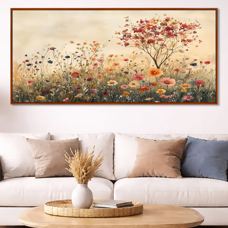 Art mural rouge, fleurs sauvages, toile d'été, H 28 po x l 60 po, Cadre flottant brun