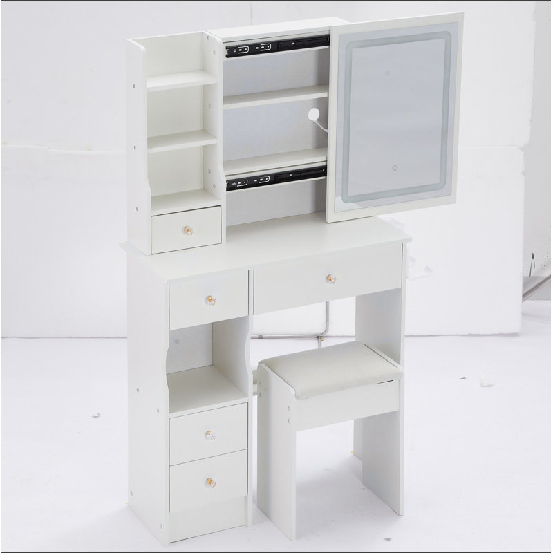 29.2" Small Size Left Drawer Desktop Vanity Table + Cushioned Stool, 2 AC+2 USB Power Station, Hair Dryer Bracket, Extra Large Touch Control Sliding LED Mirror, Tri-Color Switching, Brightness Adjust
