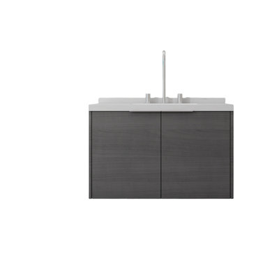 Meuble-lavabo flottant de 30 po avec lavabo, porte à fermeture douce, comptoir et dosseret en marbre de culture blanc de 2 po Carrara, contreplaqué, gris