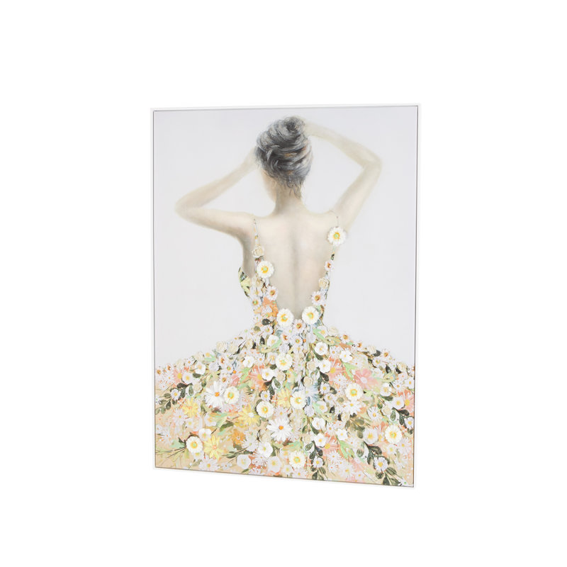 Toile femme multicolore, art mural encadré avec marguerites 3D