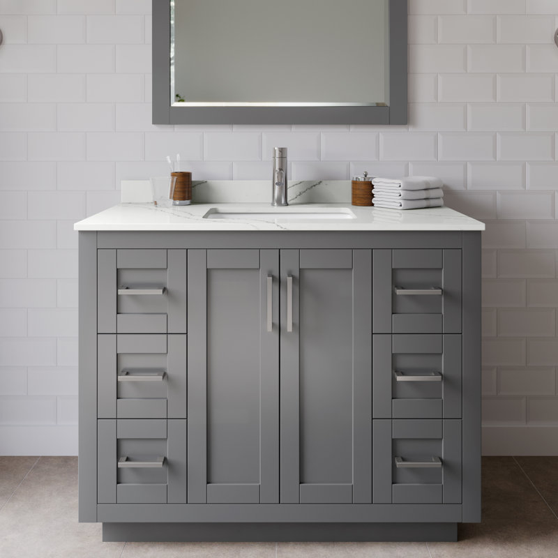 Miranda 42" Freestanding Single Bathroom Vanity with Quartz Top with 34" Mirror, Giotto Quartz, Dark Gray, Brushed Nickel