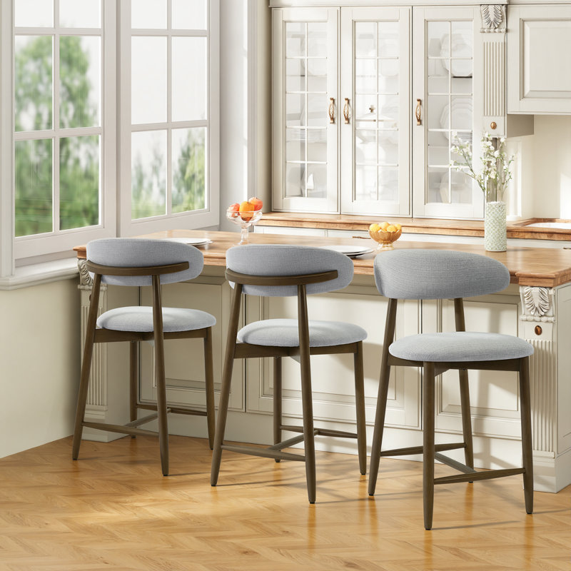 Tabouret de comptoir rembourré de 25 pouces avec dossier incurvé et base en bois massif, 3, Light Gray