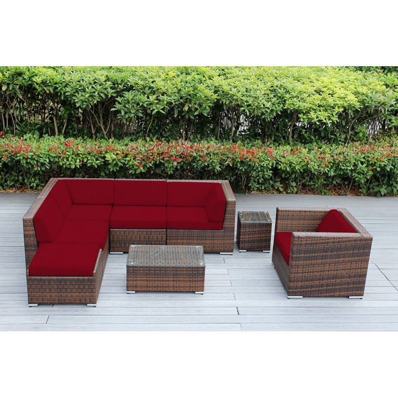 Ensemble de conversation en osier pour 6 personnes avec coussins - aucun assemblage, Supercrylic rouge