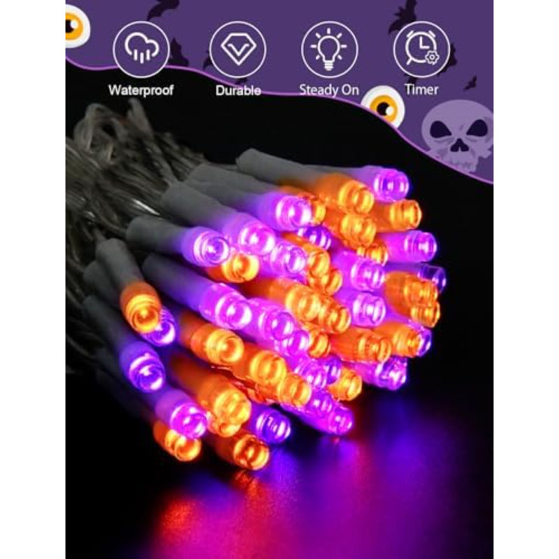 Guirlandes d'Halloween fonctionnant à piles avec minuterie, guirlandes orange et mauves pour l'extérieur 9,8 pi 30 DEL, décorations d'Halloween pour les allées de fête pour l'extérieur