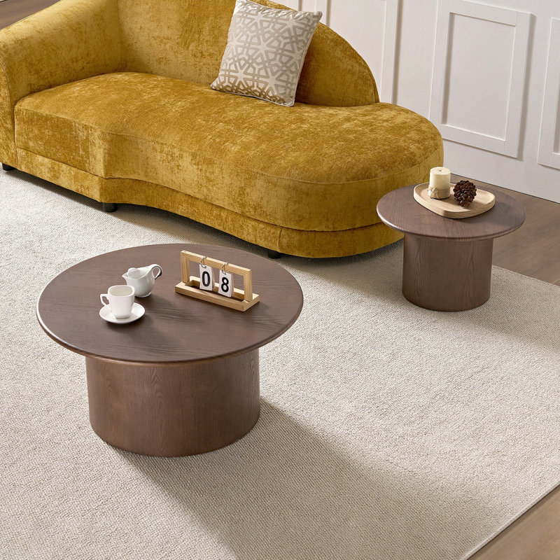 Ensemble de 2 tables basses, table basse ronde en panneau de fibres à densité moyenne pour salon, appartement et espace de loisirs en noyer