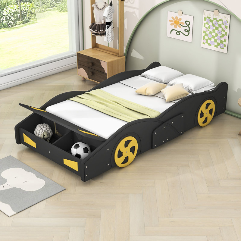 Advaith Twin Size Wood Platform Bed with Wheels and Storage Space, Black/Yellow