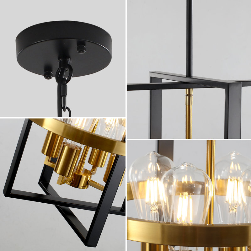 4 - Light Dimmable Geometric Lantern Modern Farmhouse Chandelier, Matte Black/Gold