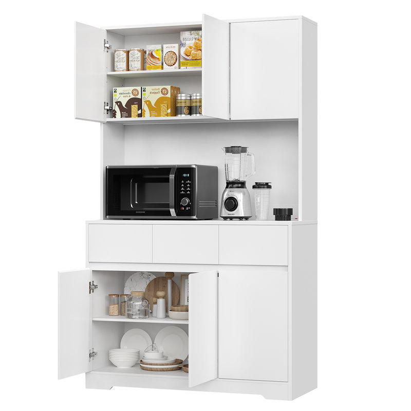 Armoire de cuisine de 71 po de hauteur avec station de charge et lumière DEL Aybike, garde-manger autoportant avec 4 armoires, 3 tiroirs et tablette à micro-ondes, rangement pour huche de cuisine, tablettes réglables