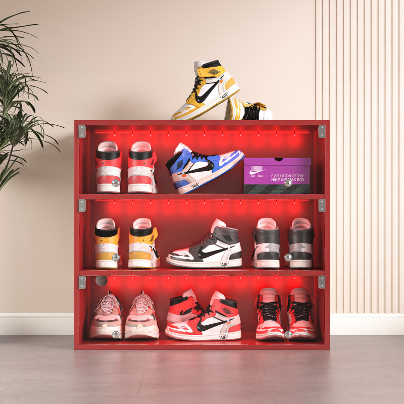 Led Lighted Shoe Box Cabinet In Red - Stores Up To 9 Pairs, , Expert Woodwork, Glass 3-Layer Wooden With Insulation Doors