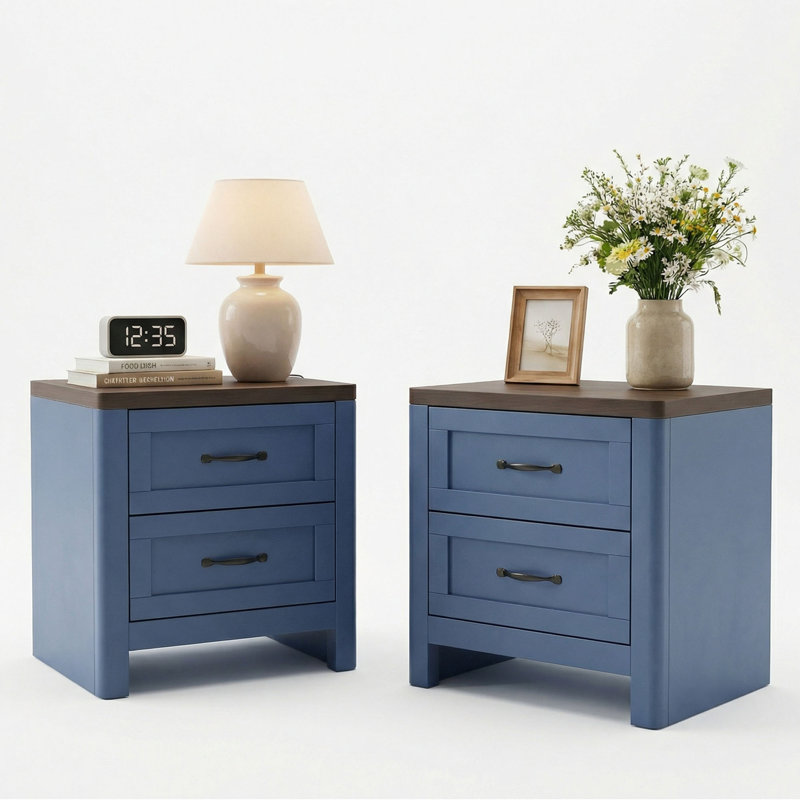 Set of 2 Natural Wood Grain Nightstands with Single Drawer, 2-Drawer