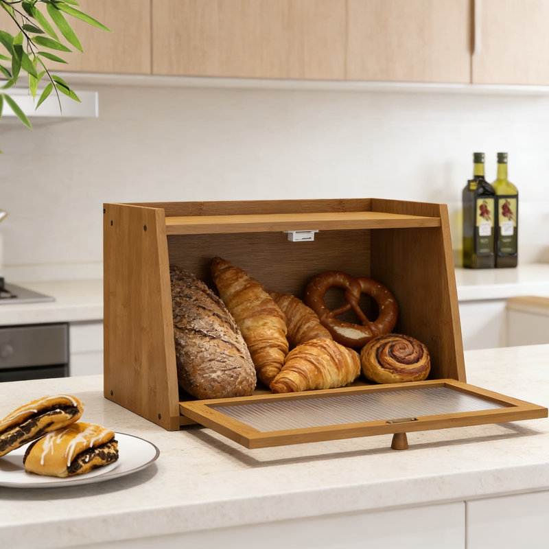 Grande boîte à pain en bambou avec porte en acrylique ondulée, récipient de rangement pour comptoir de cuisine de style campagnard pour le pain et les produits de boulangerie