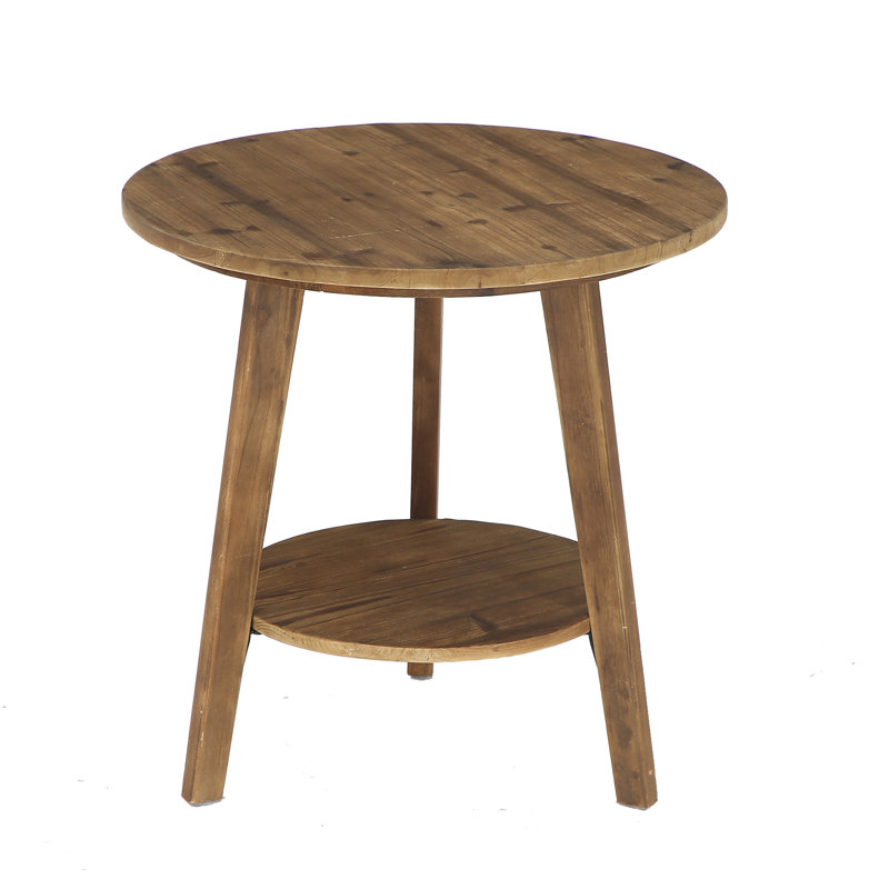 Solid Wood Round Side Table, 2-Tier End Table With Storage Shelf