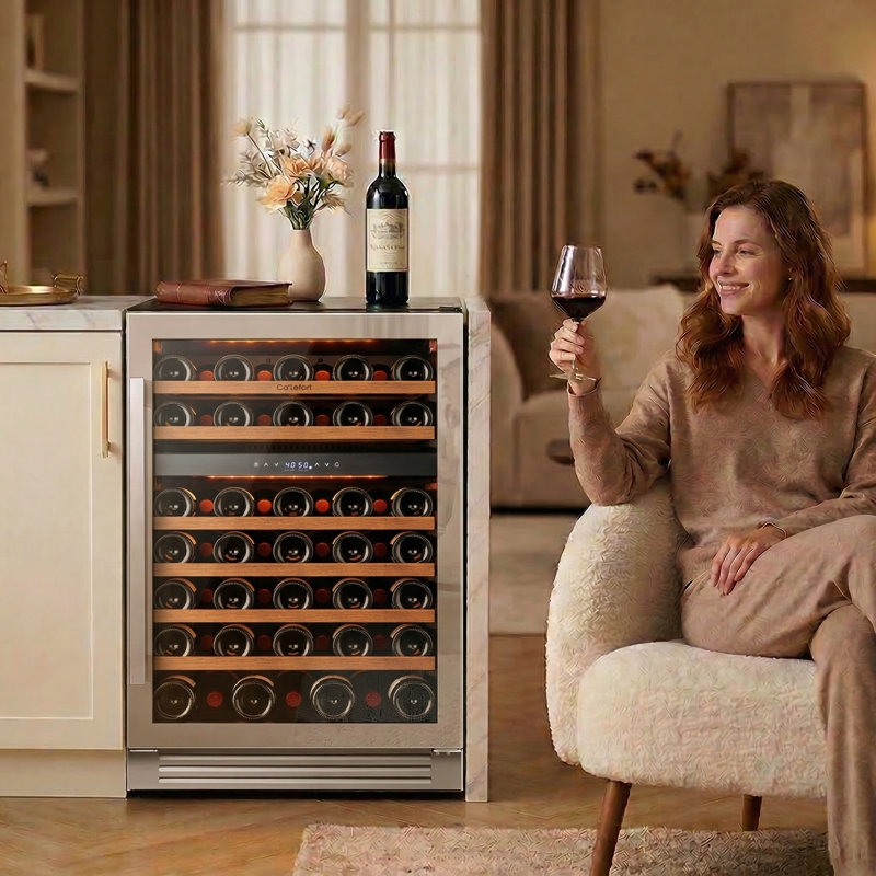 24" 52-Bottle Dual Zone Wine Cooler, Built-In & Freestanding, 5 Cu.Ft. Wine Refrigerator with 40–65°F, Amber/Blue/White LED, UV-Protected Double Glass, Hidden Hinges, Frost-Free, Carbon Filter, Front Vent, Compressor & Fan Cooling Wine Fridge