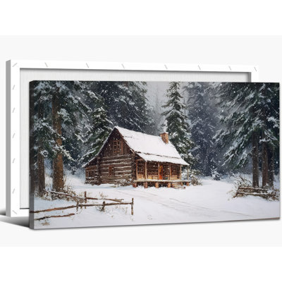 Art mural paysage d'hiver - neige, chalet d'hiver, art mural sur toile, photos d'hiver de forêt pour le salon, arbre de Noël, reproduction d'art sur toile tendue, 12 po x 24 po