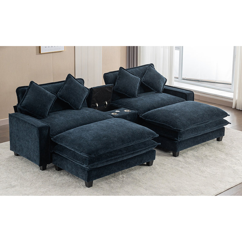 Canapé modulaire de 111 po de style américain avec double coussin, rangement et deux repose-pieds amovibles pour le rangement de l'espace de vie, porte-gobelets et grand siège confortable