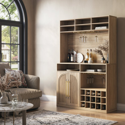 72"Tall Bar Cabinet w/Wine Rack & Stemware Glass Holders, Camel