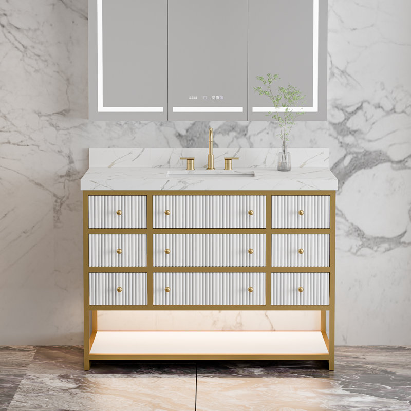 Celestia 48" Modern Freestanding Single Bathroom Vanity with LED Light, Fluted Drawers & Stone Countertop in White with Gold Frame