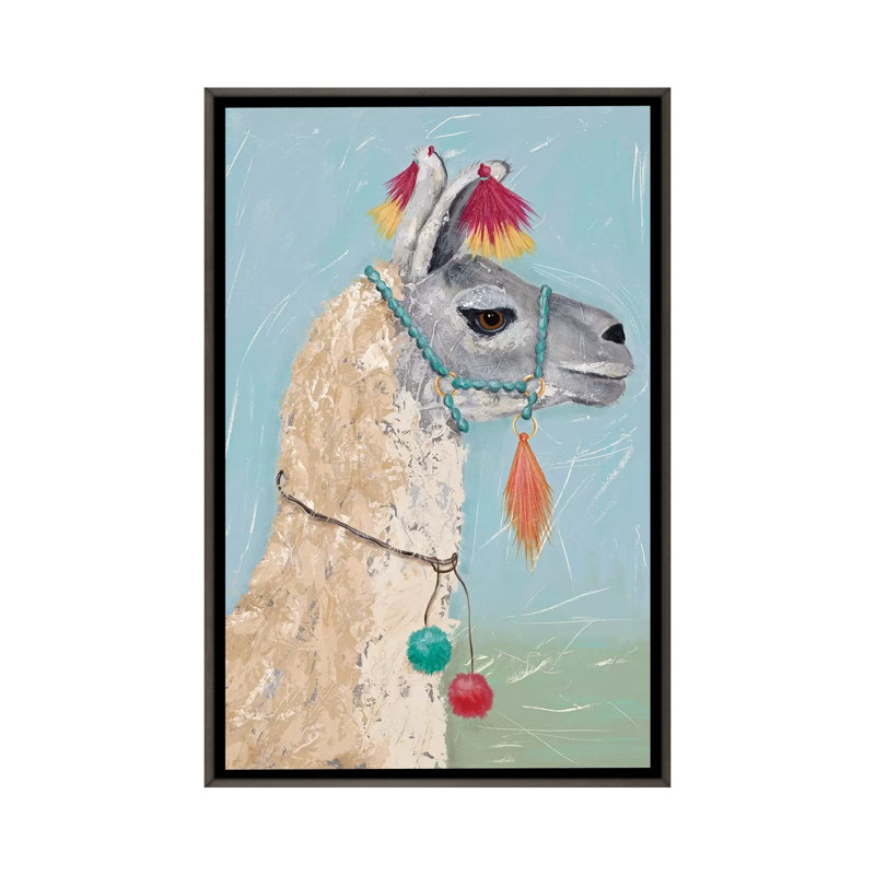 «Painted Llama II» par Jade Reynolds - reproduction, H 48 po x l 32 po x P 1,5 po, Toile avec cadre en bois foncé rustique