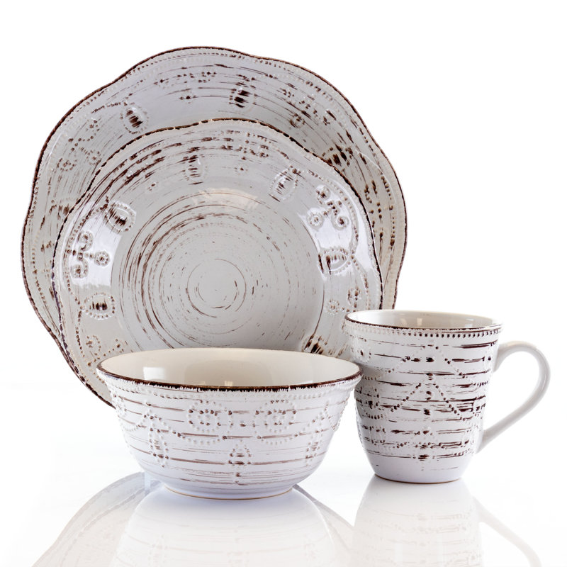 Rustic Birch White Ceramic 16-Piece Dinnerware Set
